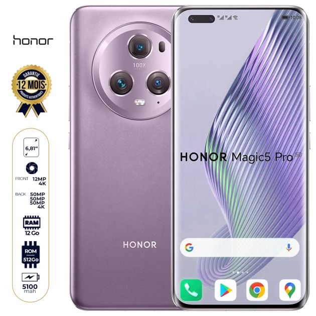 Honor Magic5 Pro - 512 Go - 12Go - 6.81'' - Dual Nano SIM - 50MP + 50 MP + 50 MP/12MP - 5100 mAh - Garantie 12 mois