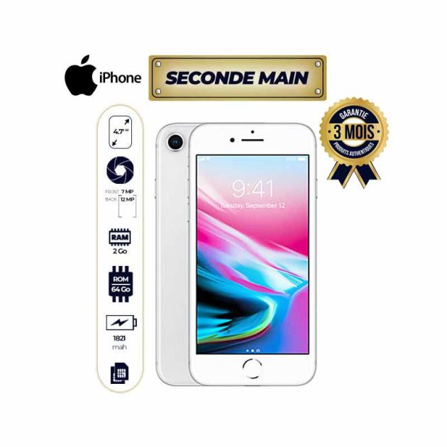 IPhone 8 - 4.7'' - 12MP/7MP - 64Go /2Go - 1821mAh - séconde main - 3 mois de garantie