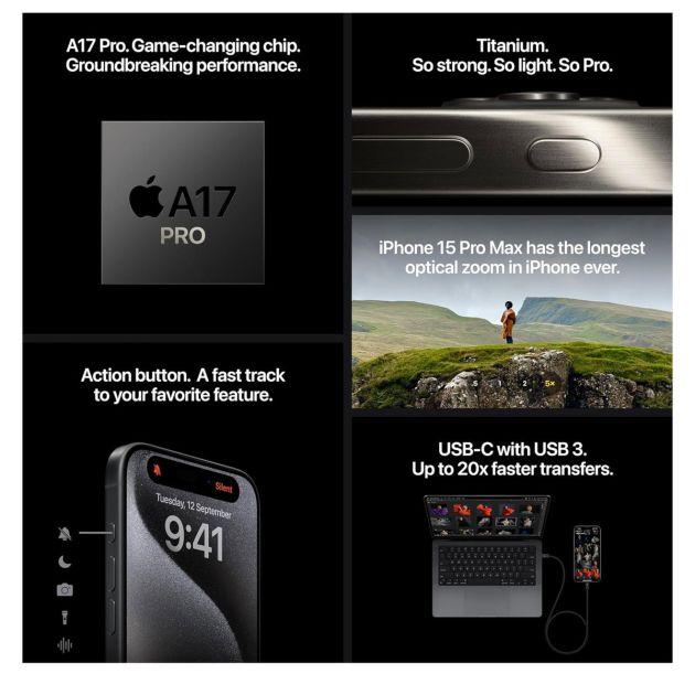 iPhone 15 Pro - 512 Go/8Go - 6,1" - Apple A17 Pro - 2 Nano SIM physique - 48 MP+12MP+12MP/12MP - 3274mAh - Garantie 12 mois