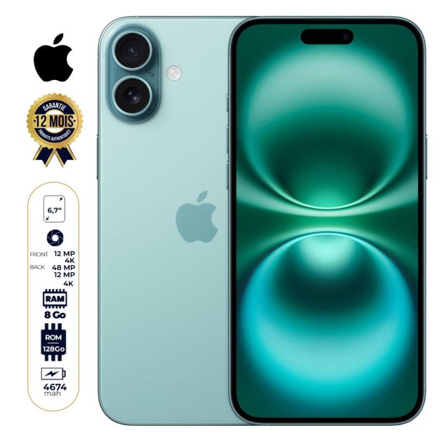 iPhone 16 Plus - 128 Go - 8Go RAM - 6,7" - Apple A18 - 1 Nano SIM physique et 1 e-SIM - 48MP+12MP /12MP - 4674 mAh - Garantie 12 mois