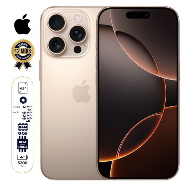 iPhone 16 Pro - 128 Go - 8Go RAM - 6,3" - Apple A18 Pro - 2 SIM - 48MP+12MP +48MP /12MP - 3582mAh - Garantie 12 mois