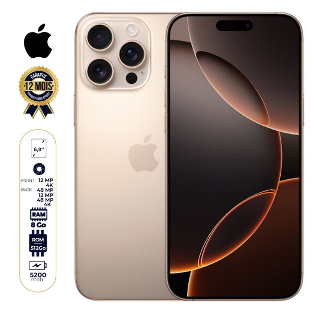 iPhone 16 Pro Max - 512 Go - 8Go RAM - 6,9" - Apple A18 Pro - 1 Nano SIM physique  et 1 e-SIM - 48MP+12MP +48MP /12MP - 5200mAh - Garantie 12 mois