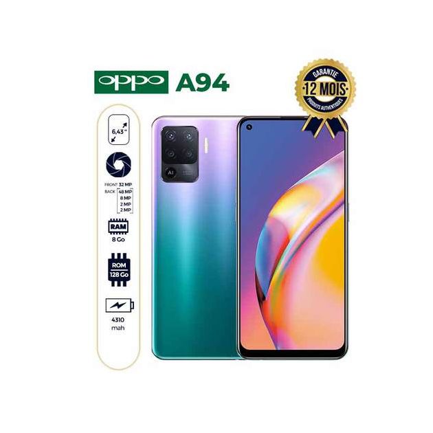 Oppo A94 - 128 Go/8Go RAM - 6.43" - 2 Nano SIM - 48MP/32MP - 4310mAh - Empreinte digitale - Garantie 12 Mois