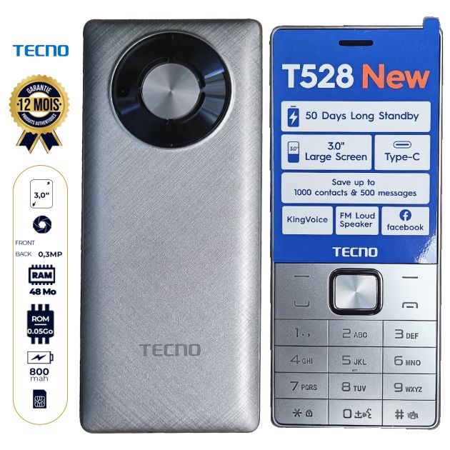 Téléphone Tecno T528 - 2.8" - 16Mo/8 Mo RAM - 2500 mAh - Double Sim - Garantie 12 Mois