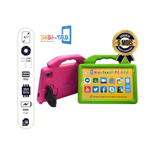 Tablette éducative pour enfants - bébé tab B88 - écran 8" - 32Go/3Go Ram - 5MP+2MP - 3000 mAh - 4G - 06 mois garantie