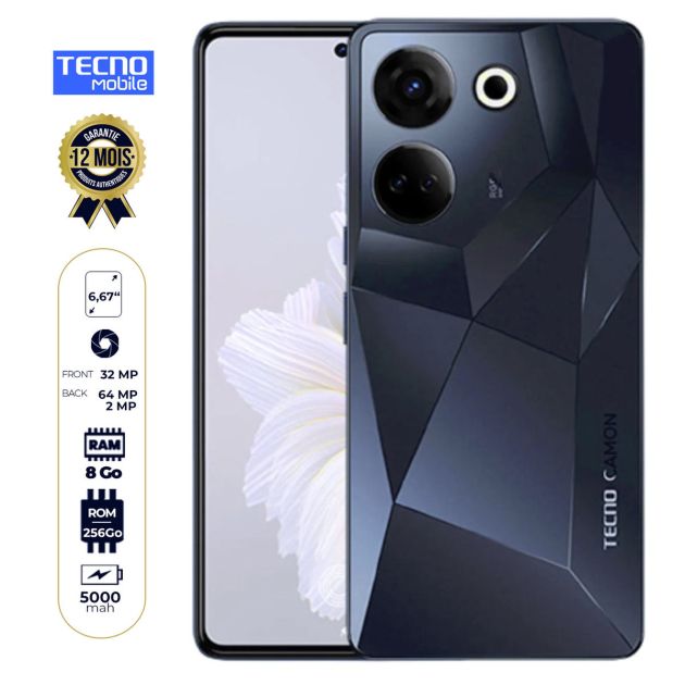Tecno Camon 20 Pro - (CK7n) - 256 Go/8Go RAM - 6.67" - 2 Sim - 64MP+2MP/32MP - 5000mAh - Garantie 12 Mois
