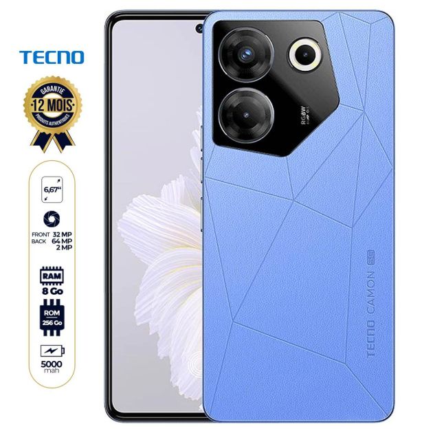 Tecno Camon 20 Pro 5G - 256 Go/8Go RAM - 6.67" - Dual Sim - 64MP + 2MP/32MP - 5000mAh - Garantie 12 mois