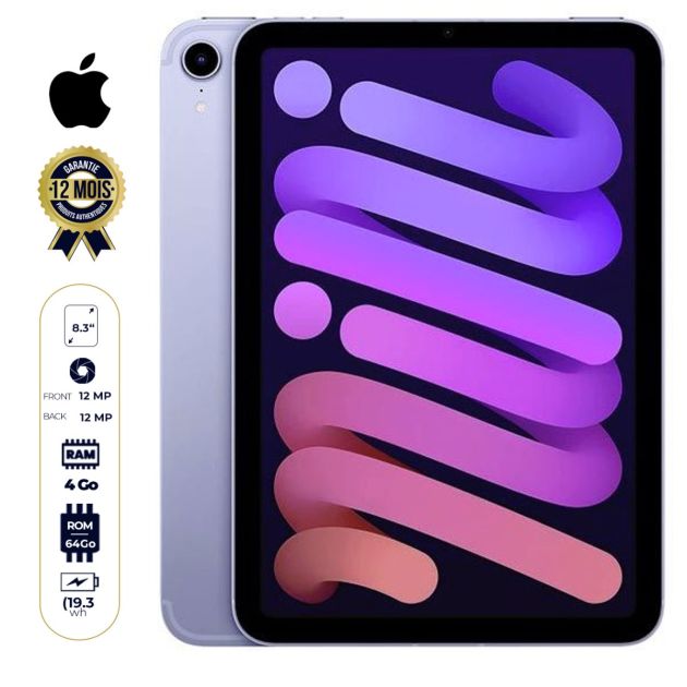 Apple iPad Mini 2021 - 8.3" - 64Go/4Go Ram - 1 sim - 12MP/12MP - garantie 1 an - Livraison 3 à 5 jours