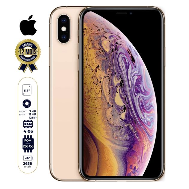 Apple iphone Xs - 5.8" - 256Go/4Go RAM - A12 Bionic - 1 SIM + eSIM - 12MP/7MP - 2658 mAh - 12 mois de garantie