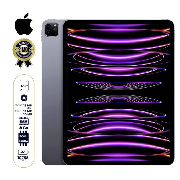 Apple ipad pro 2022 12.9'' wifi-cellular 6ieme génération - Nano Sim - 256Go/8Go - 12MP+10MP 4K/12MP - 10758mAh -Garantie : 12 mois