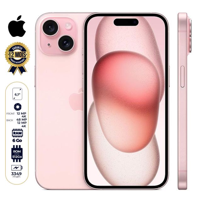 iPhone 15 - 512Go/6Go RAM - 6,1" - Apple A16 Bionic - Nano SIM physique et e-sim - 48 MP+12MP/12MP - 3349mAh - Garantie 12 mois 