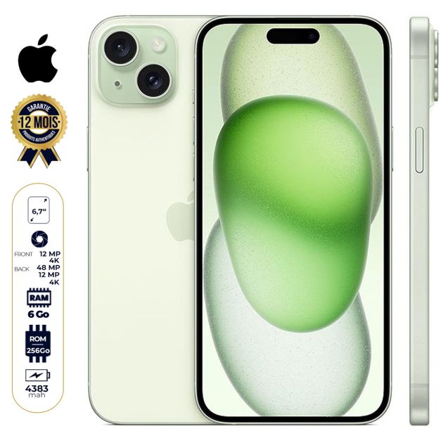iPhone 15 Plus - 256 Go/6Go RAM - 6,7" - Apple A16 Bionic - Nano SIM physique et e-sim - 48 MP+12MP/12MP - 4383 mAh - Garantie 12 mois