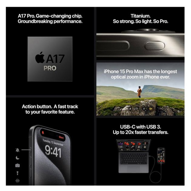 iPhone 15 Pro - 256 Go/8Go - 6,1" - Apple A17 Pro - Nano SIM physique et e-sim - 48 MP+12MP+12MP/12MP - 3274mAh - Garantie 12 mois 