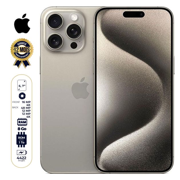 iPhone 15 Pro Max - 1To/8Go RAM - 6,7" - Apple A17 Pro - 2 Nano SIM physique - 48 MP+12MP+12MP/12MP - 4422mAh - Garantie 12 mois