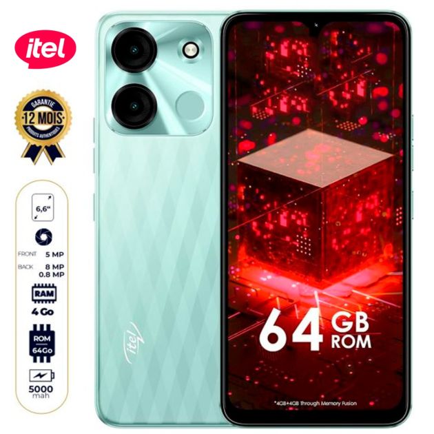 Itel A60s - 64 Go/4Go RAM - 6.6" - 2 Nano SIM - 8MP+0.8 MP/5MP - 5000mAh - Empreinte digitale - Garantie 12 Mois