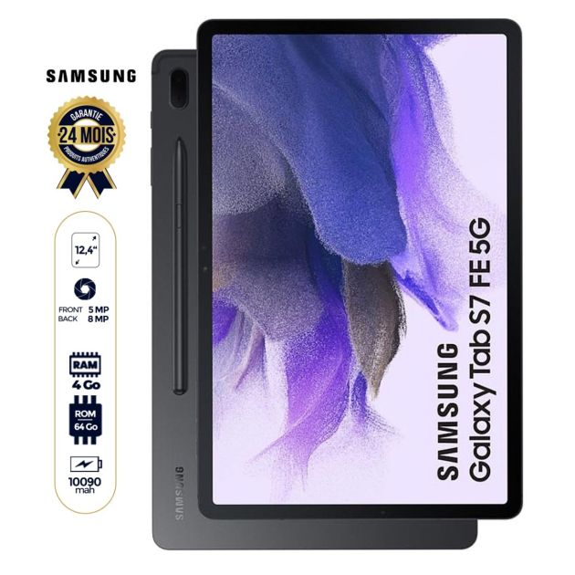 Tablette Samsung Tab S7 FE 5G - 64 Go/4Go - 12.4" - 8MP/5MP - 10090 mAh - Garantie 24 Mois