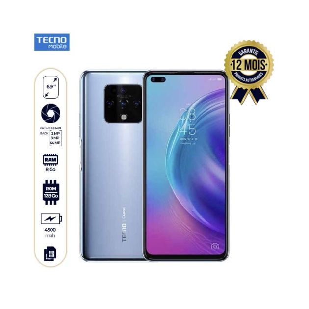 Tecno Camon 16 Premier - 128GB/8GB - 6,9 Pouces - 4K-  64MP+8MP+2MP+2MP/48MP+8MP - 4500mah - 12 Mois ( glass+pochette offerts)