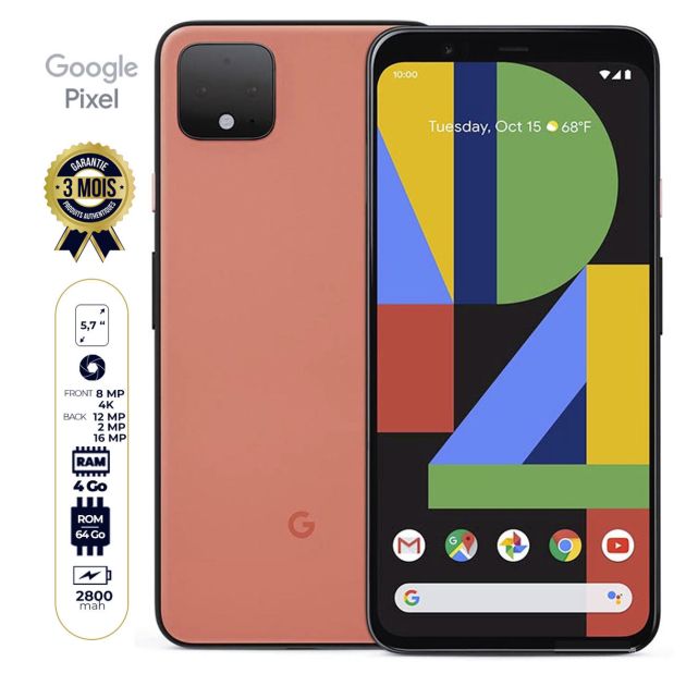 Google Pixel 4 - seconde main - 5.7" - 64 Go - 4Go RAM - 12MP+16MP/8MP - (1Nano SIM + eSIM) - 2800mAh - Garantie 3 Mois