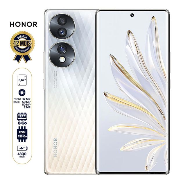 Honor 70 - 256 Go - 8Go RAM  - 6.67'' OLED - 54MP + 50MP + 2MP/32MP - 4800 mAh - Garantie  12 Mois