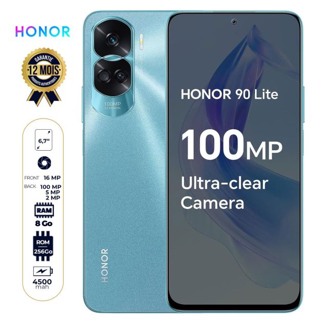 Honor 90 Lite - 256 Go/8Go RAM - 6.7" - Dual Nano SIM - 100MP + 5MP + 2MP/16MP - 4500mAh - Empreinte Digitale - Garantie 12 mois