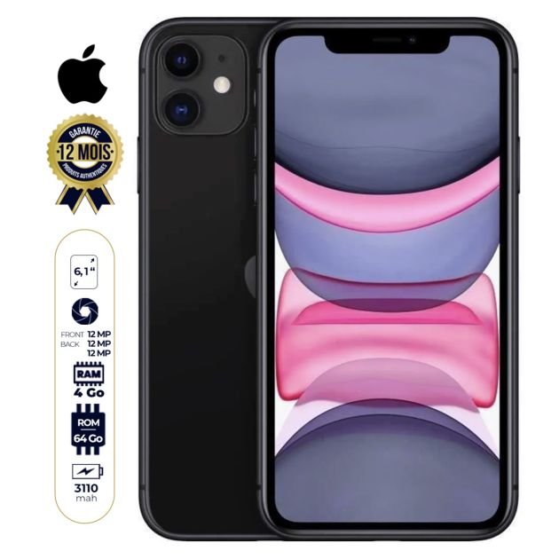 Iphone 11seconde main - NanoSim - 64Go/4Go RAM - 6.1 Pouces - Noir