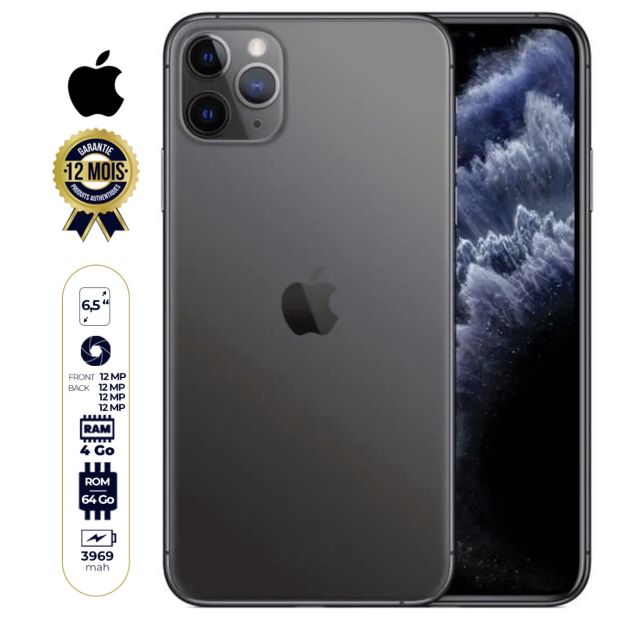 Apple Iphone 11 pro max seconde main - 6.5" - 64Go/4Go RAM - A13 Bionic - 1 sim - 12MP/12MP - 3969 mAh - 03 mois de garantie