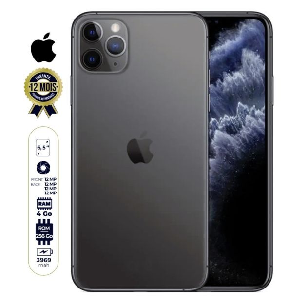 Iphone 11 pro max seconde main - 256 Go ROM - 4Go RAM - 1 Nano sim - 6,5 pouces- Noir /03 mois