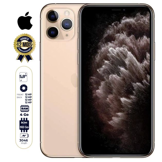 Iphone 11 Pro seconde  main - 5.8" - 512Go/4Go RAM - A13 Bionic - 1 sim - 12MP/12MP - 3190 mAh - 12 mois de garantie