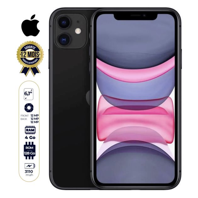 Iphone 11 seconde main - 128Go/4Go RAM - 6.1 Pouces - Noir
