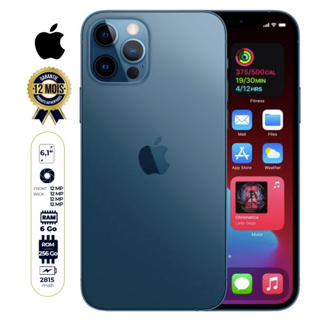 IPHONE 12 PRO seconde main - 256Go/6Go RAM - 12MP+12MP+12MP/12MP  - 4K - Li-Ion 2815 mAh - 6,1" - 5G - 12 mois