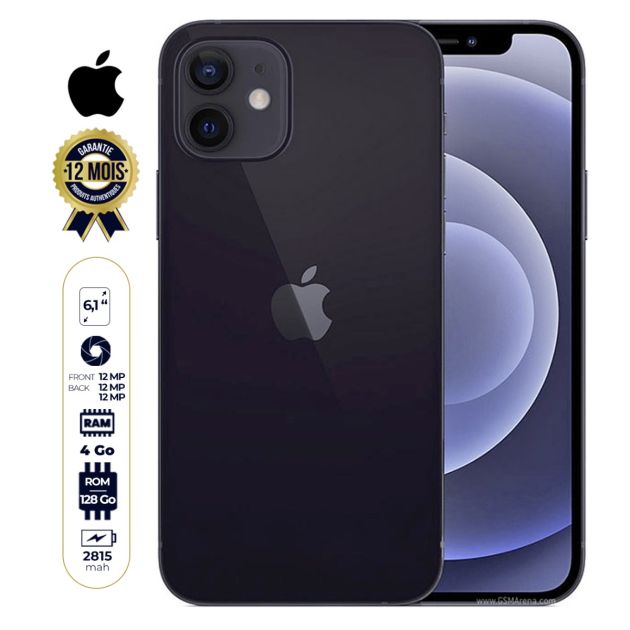 IPhone 12  occasion - Apple - 6.1" - 128 Go/4Go RAM - 12MP/12MP - 1 Nano sim - 5G - 03 mois de garantie