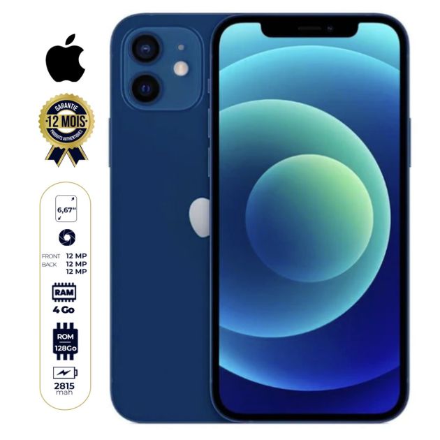 IPhone 12  - Apple - 128Go/4Go - 12MP - 5G - 6.1" - 12 mois-Blue
