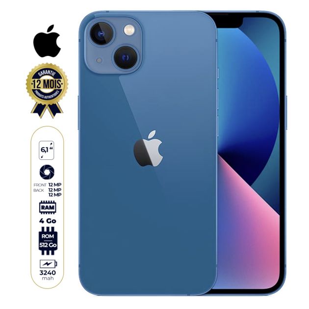 Iphone 13 - 6.1'' - Dual nano Sim - 4Go/512Go - 12MP/12MP - 3240mAh - 12 mois de garantie