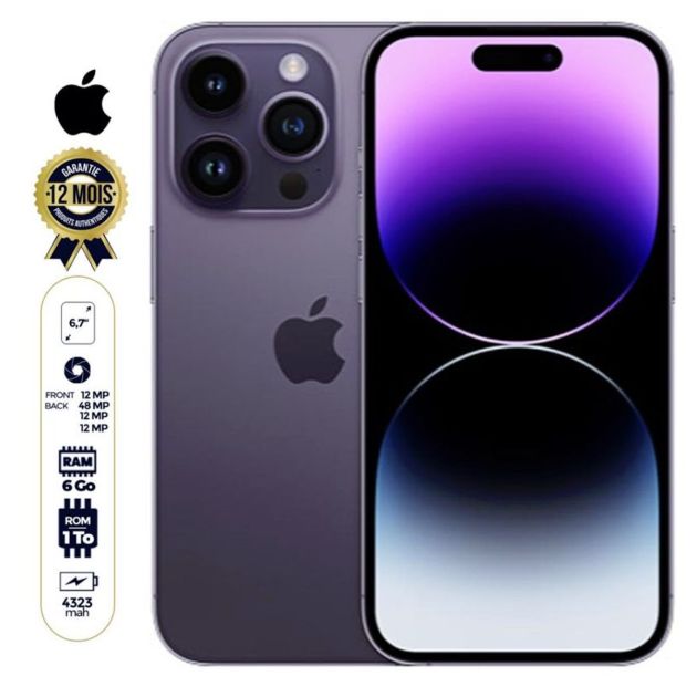 iPhone 14 Pro - 6.1'' - 1To/6Go RAM -  2 sim physique - 48MP/12MP - A16 Bionic - 3200mAh - 12 mois de garantie