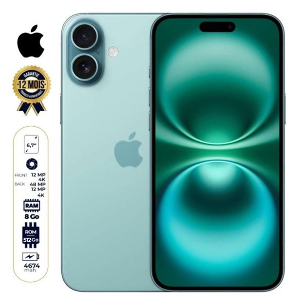 iPhone 16 Plus - 512 Go - 8Go RAM - 6,7" - Apple A18 - 48MP/12MP - 4674 mAh - Garantie 12 mois