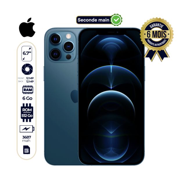IPhone 12 pro Max seconde main - 512Go/6Go - 6.7'' - 1 Nano sim - 3687 mAh - Garantie 06 Mois