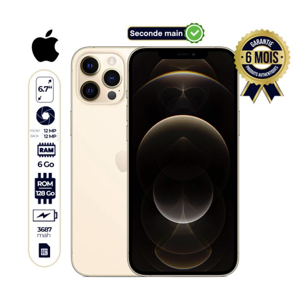 Iphone 12 pro Max seconde main - 128 Go / 6 Go RAM - 6,7" - 1 SIM - 12MP/12MP - 3687 mAh - 03 mois de garantie 