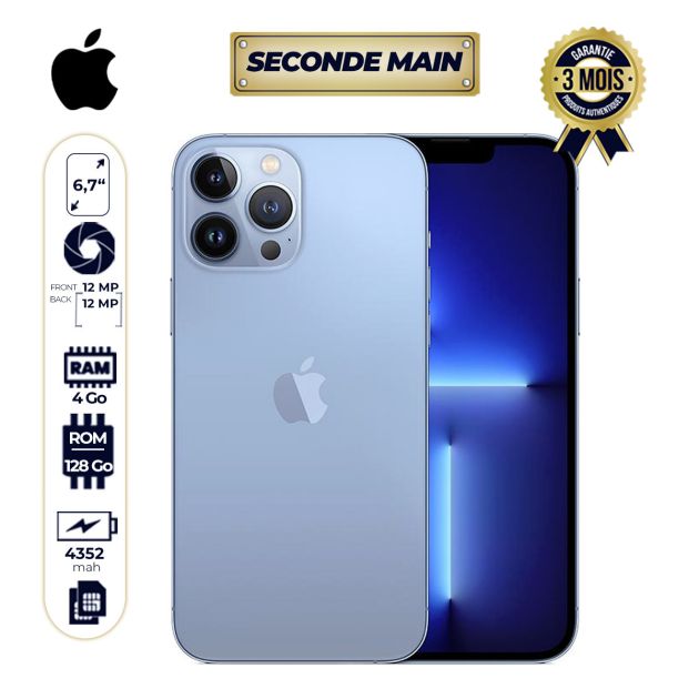 IPhone 13 Pro Max seconde Main - 128Go/4Go - 6.7" - 12MP/12MP - 1 Mano SIM - 4352mAh - or - Garantie 3 Mois