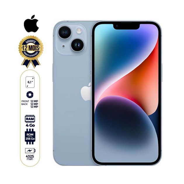 Iphone 14 - 6.1" - 256Go/4Go - 12MP/12MP - 1 Nano sim physique  et 1 e-sim - A15 Bionic chip - 4325mAh - 12 mois