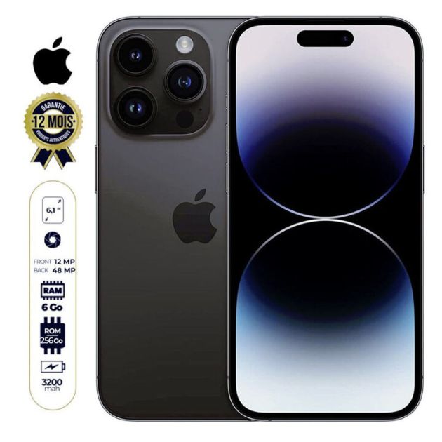 IPHONE 14 Pro - 6,1" - 256 Go/6Go RAM - 2 nano sims physiques - Puce A16 Bionic - 3200mAh - 12 mois