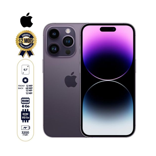IPhone 14 Pro - 6.1'' - 512 Go - 6Go RAM - 1 Nano sim physique et 1 e-sim - 48MP/12MP - A16 Bionic - 3200mAh - 12 mois de garantie