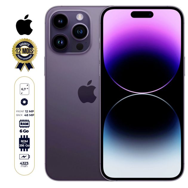 IPhone 14 Pro Max - 6.7'' - 256 Go - 6Go RAM - 2 Nano Sim physique - 48MP/12MP - A16 Bionic - 4323mAh - 12 mois de garantie