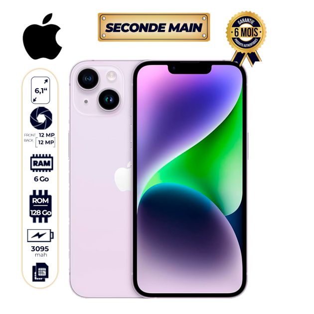 iPhone 14 Seconde Main - 128 Go - 4 Go RAM - 6,1" - 12MP/12MP - 1 Nano SIM - Puce A15 Bionic - 3095 mAh - Garantie 6 mois