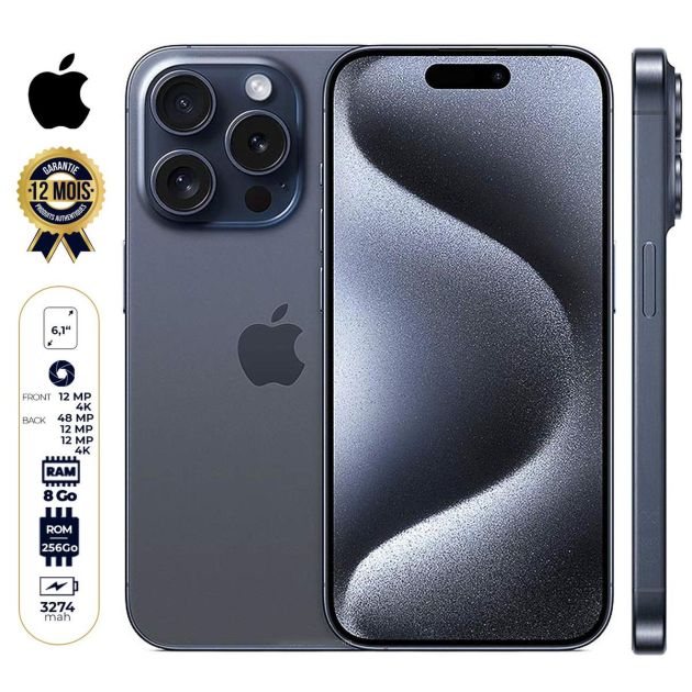 iPhone 15 Pro - 256 Go/8Go - 6,1" - Apple A17 Pro - 2 Nano SIM physique - 48 MP+12MP+12MP/12MP - 3274mAh - Garantie 12 mois 