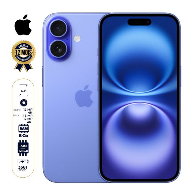 iPhone 16 - 128 Go - 8Go RAM - 6,1" - Apple A18  - 1 Nano SIM physique et 1 e-SIM - 48MP+12MP /12MP - 3561mAh - Garantie 12 mois