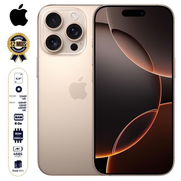 iPhone 16 Pro Max - 256 Go - 8Go RAM - 6,9" - Apple A18 Pro - 2 SIM physique - 48MP+12MP +48MP /12MP - 4685mAh - Garantie 12 mois