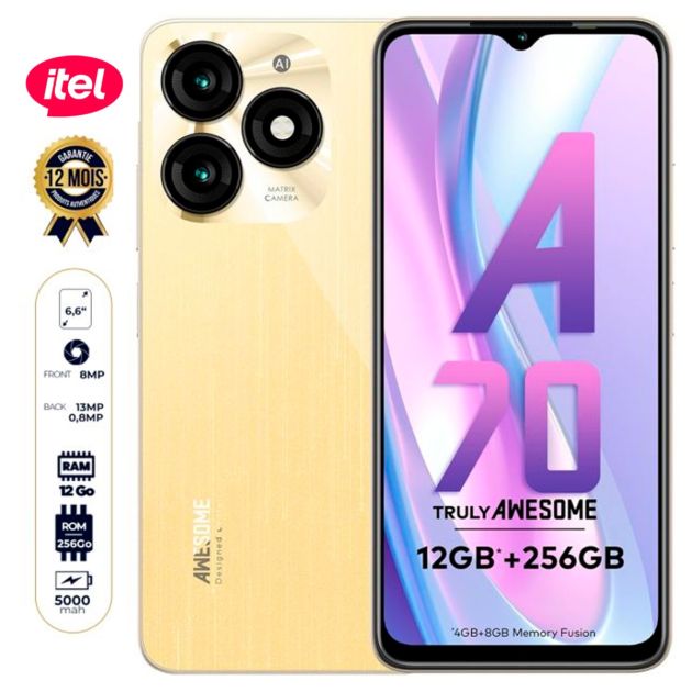 Smartphone itel A70 - 256 Go/12Go (4 Go+ 8Go) RAM - 6.6” - Dual Nano SIM - 13MP+0.8MP/8MP - 5000mAh - Garantie 12 Mois