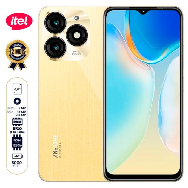 Smartphone itel A70 - 128 Go/8Go (3Go+ 5Go) RAM - 6.6” - Dual Nano SIM - 13MP+0.8MP/8MP - 5000mAh - Garantie 12 Mois + 30 Go de Data MTN gratuits