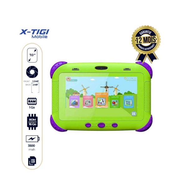 Tablette X-TIGI KIDS7 PRO - 16Go/1Go Ram - 7,0" - 2Mpx - 4G LTE - Dual SIM - 3500mAh - Vert