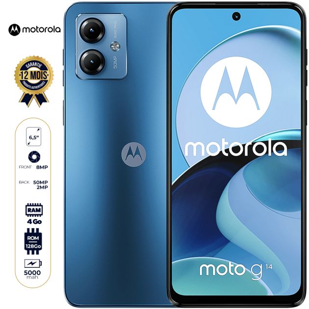 Smartphone Motorola Moto G14 - 128 Go - 4Go RAM - 6,5 pouces - 50MP+2MP/8MP - Dual Nano SIM - 5000 mAh - Garantie 12 Mois
